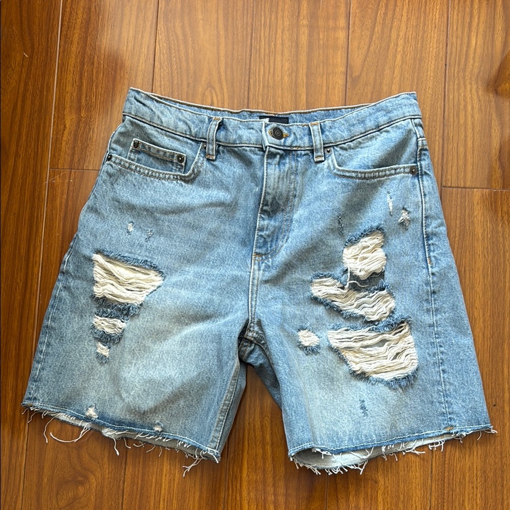 The Kooples High Waisted Bermuda Distressed Cutoff Denim Shorts